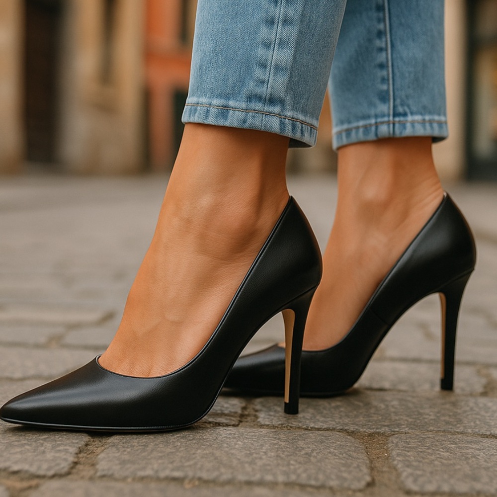Charles David black faux leather pointy toe heels